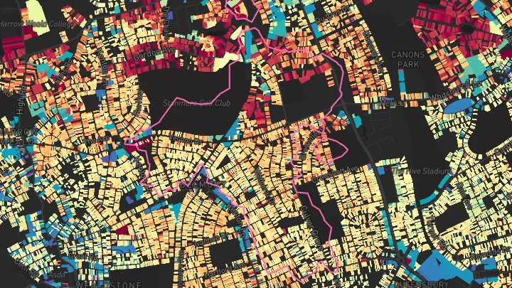 House price heatmap showing property values across Canons Park