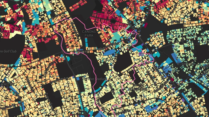 House price heatmap showing property values across Canons Park