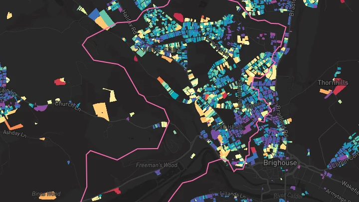 House price heatmap showing property values across Brighouse