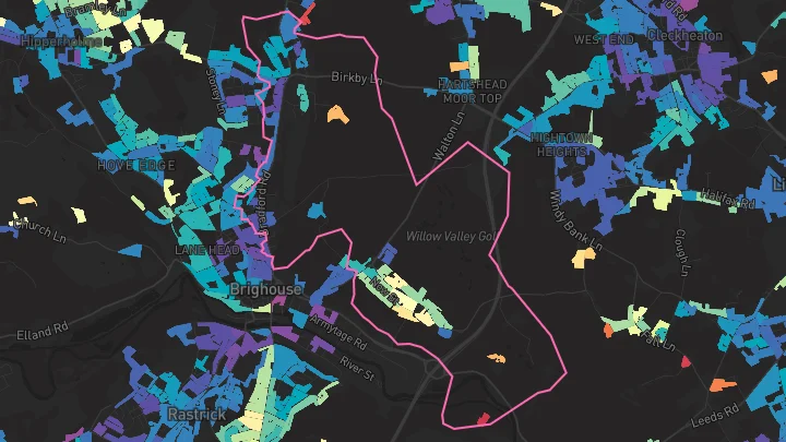 House price heatmap showing property values across Brighouse
