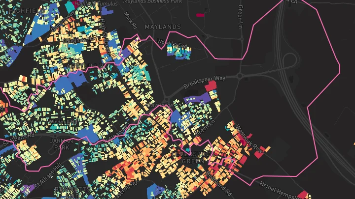 House price heatmap showing property values across Hemel Hempstead