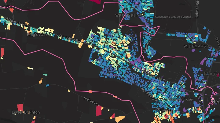House price heatmap showing property values across Hereford