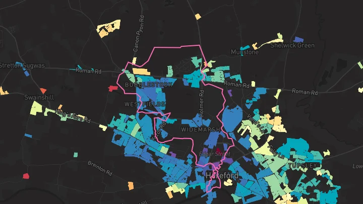 House price heatmap showing property values across Hereford