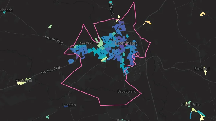 House price heatmap showing property values across Leominster