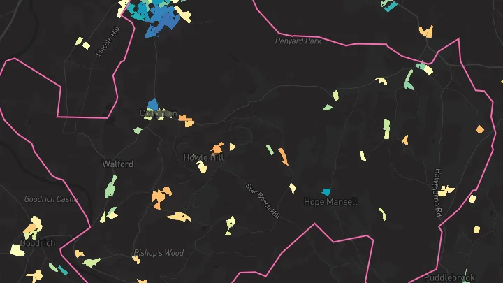 House price heatmap showing property values across Ross-On-Wye
