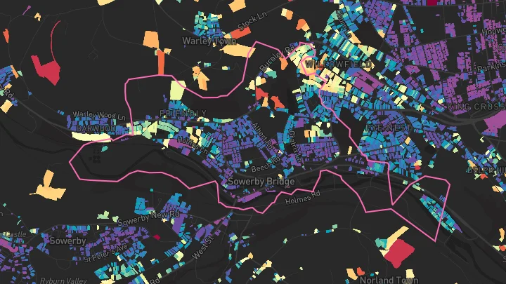 House price heatmap showing property values across Sowerby Bridge