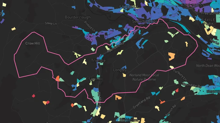 House price heatmap showing property values across Sowerby Bridge