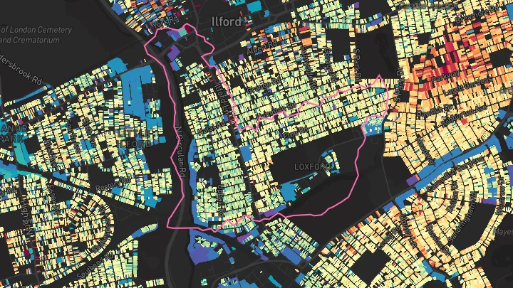 House price heatmap showing property values across Ilford