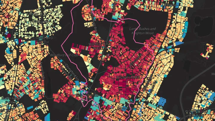 House price heatmap showing property values across Woodford