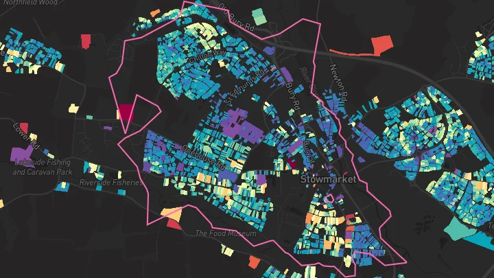 House price heatmap showing property values across Stowmarket