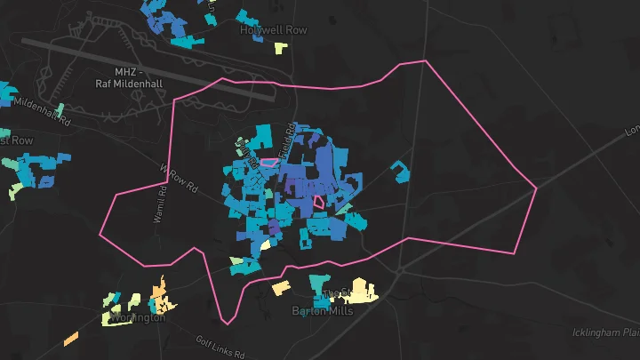 House price heatmap showing property values across Mildenhall