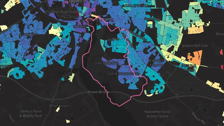 House price heatmap showing property values across Ipswich