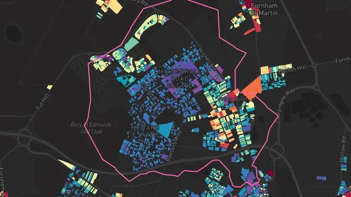 House price heatmap showing property values across Bury St Edmunds