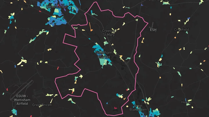 House price heatmap showing property values across Needham Market