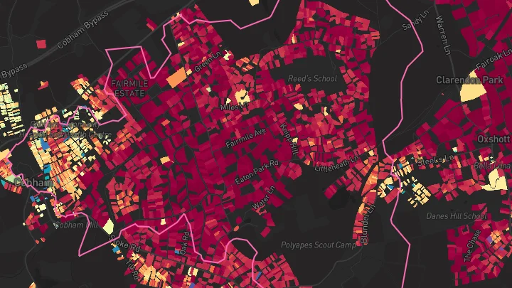 House price heatmap showing property values across Cobham