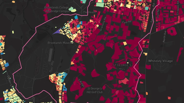 House price heatmap showing property values across Weybridge