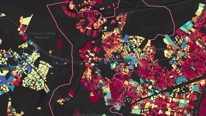 House price heatmap showing property values across Weybridge