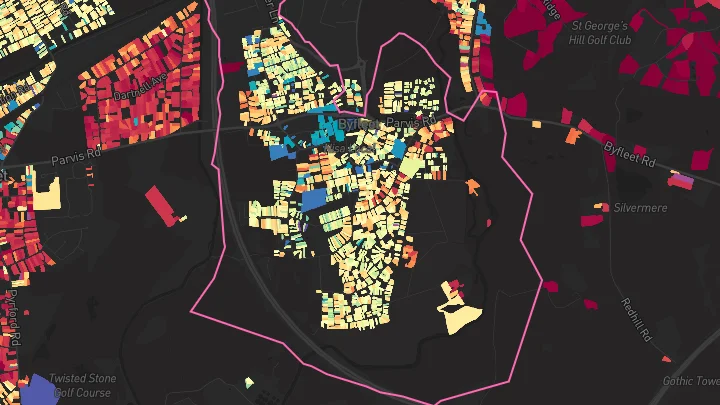 House price heatmap showing property values across Byfleet