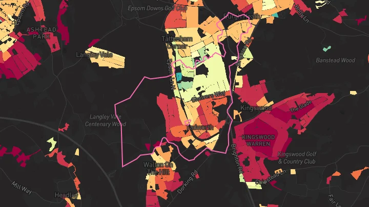 House price heatmap showing property values across Tadworth