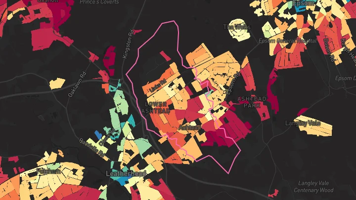 House price heatmap showing property values across Ashtead