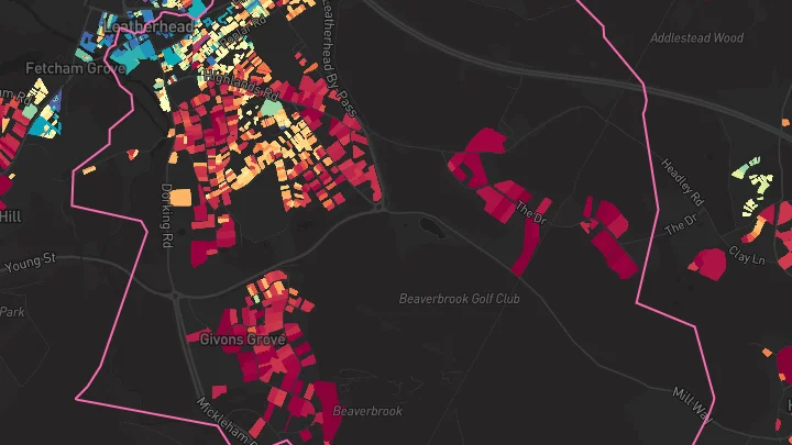House price heatmap showing property values across Leatherhead