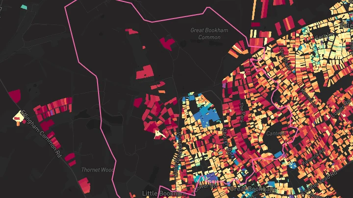House price heatmap showing property values across Bookham