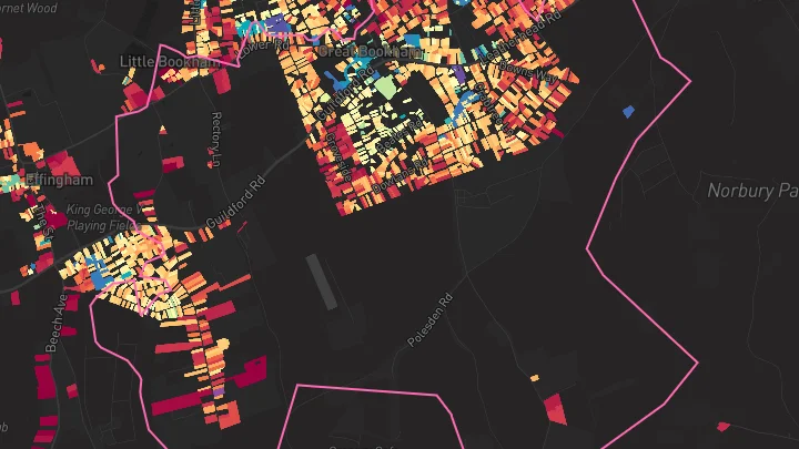 House price heatmap showing property values across Bookham
