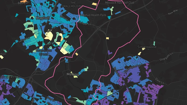 House price heatmap showing property values across Melling