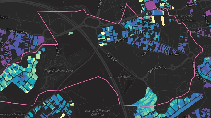 House price heatmap showing property values across Prescot