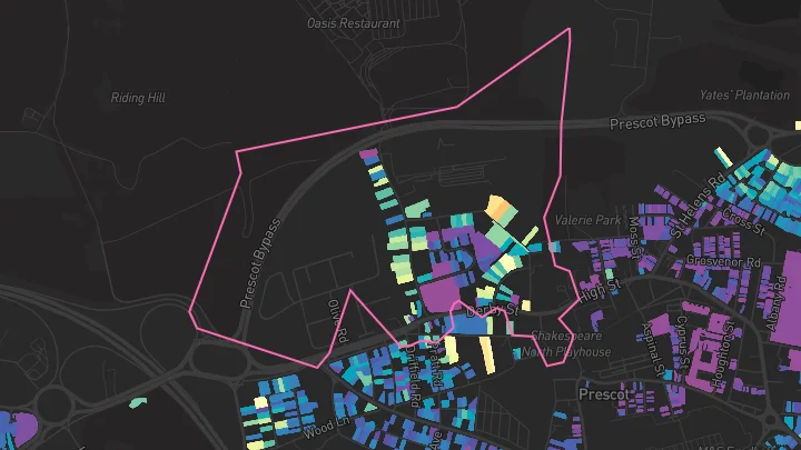 House price heatmap showing property values across Prescot