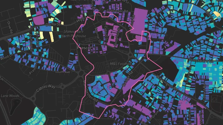 House price heatmap showing property values across Prescot