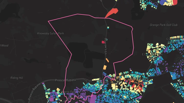 House price heatmap showing property values across Prescot