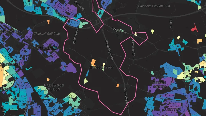 House price heatmap showing property values across Tarbock Green