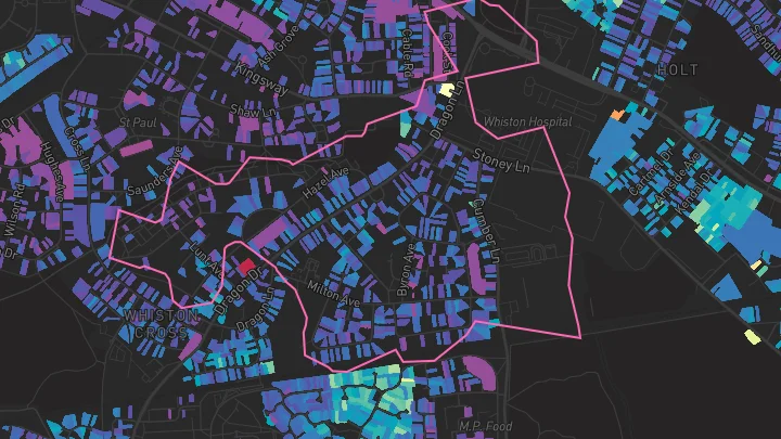 House price heatmap showing property values across Whiston