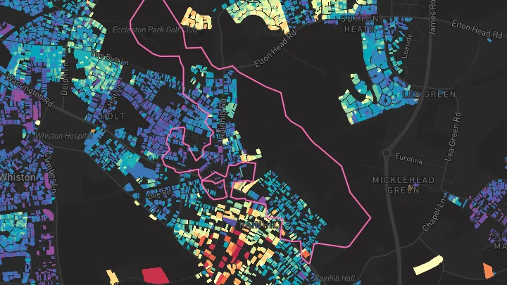 House price heatmap showing property values across Rainhill