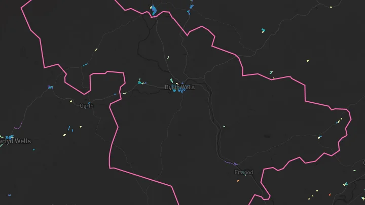 House price heatmap showing property values across Builth Wells
