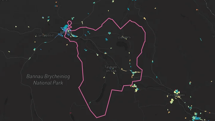 House price heatmap showing property values across Brecon