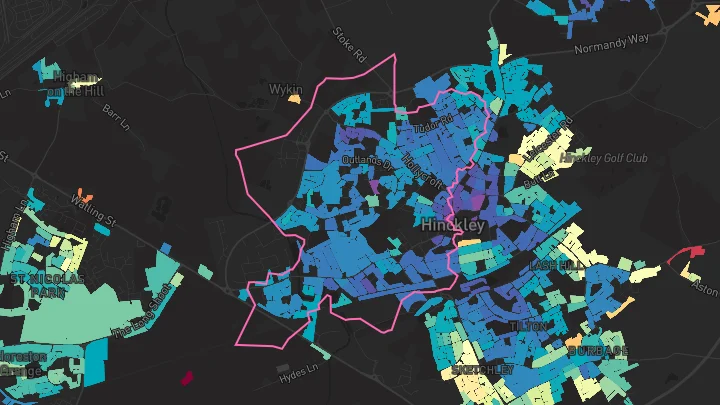 House price heatmap showing property values across Hinckley