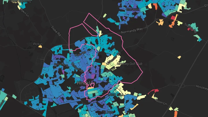 House price heatmap showing property values across Hinckley