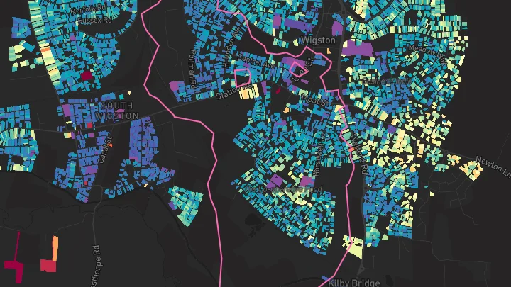House price heatmap showing property values across Wigston