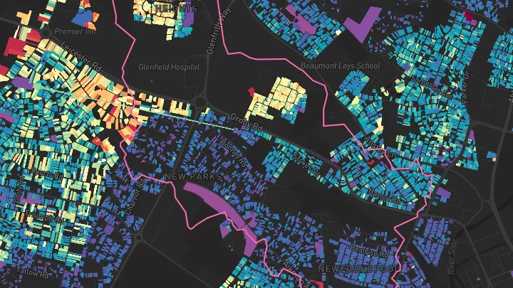 House price heatmap showing property values across Leicester