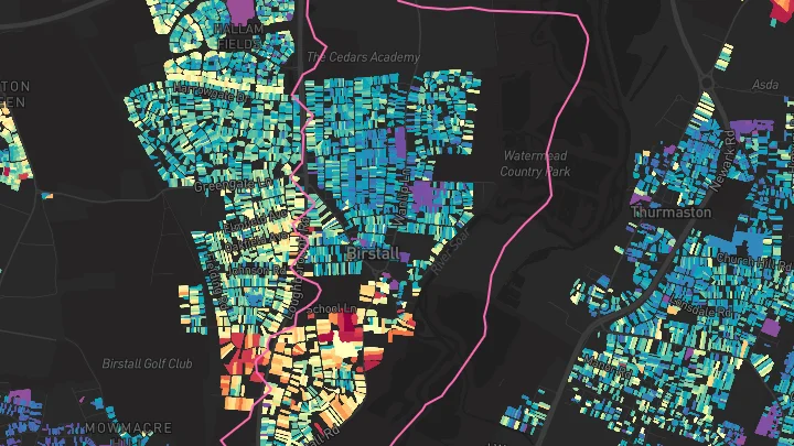 House price heatmap showing property values across Birstall