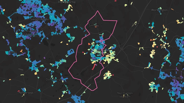 House price heatmap showing property values across Ashby-De-La-Zouch