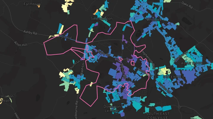 House price heatmap showing property values across Coalville