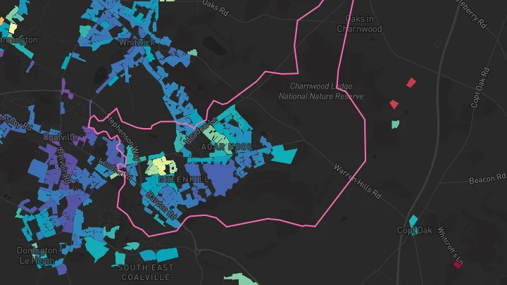 House price heatmap showing property values across Coalville