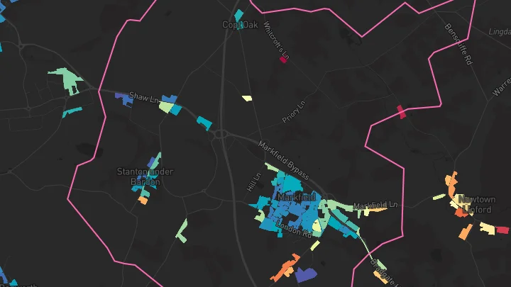 House price heatmap showing property values across Markfield