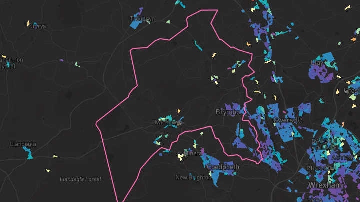 House price heatmap showing property values across Brymbo