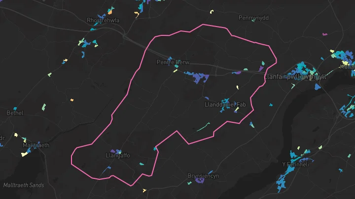 House price heatmap showing property values across Llanddaniel