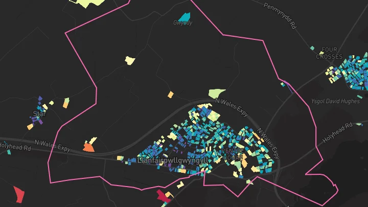 House price heatmap showing property values across Llanfairpwllgwyngyll