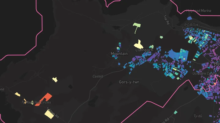 House price heatmap showing property values across Holyhead
